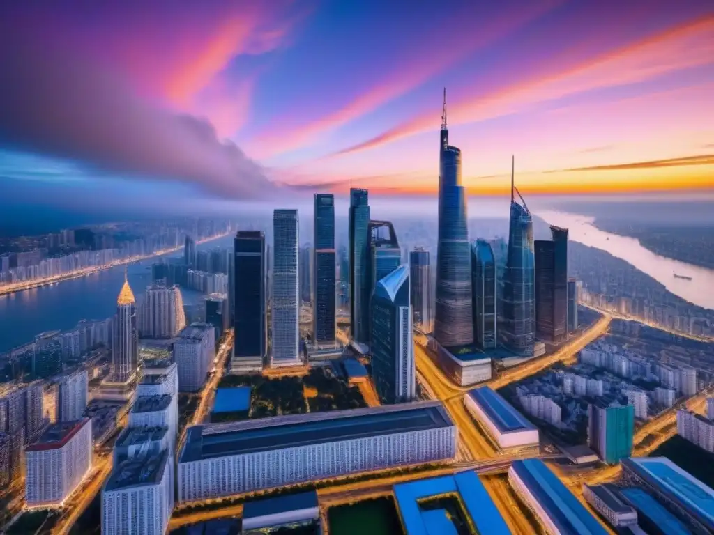 Horizonte financiero: ciudad moderna al atardecer Vista aérea impresionante de una ciudad iluminada al atardecer, simbolizando la protección de inversiones financieras en bienes raíces a gran escala