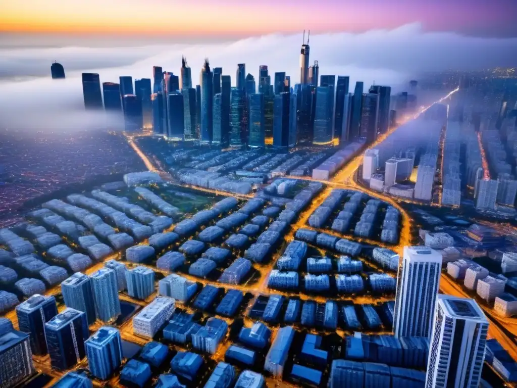 Vista aérea impactante de ciudad en evolución Vista aérea impresionante de una ciudad con rascacielos y edificios comerciales, simbolizando el desarrollo urbano