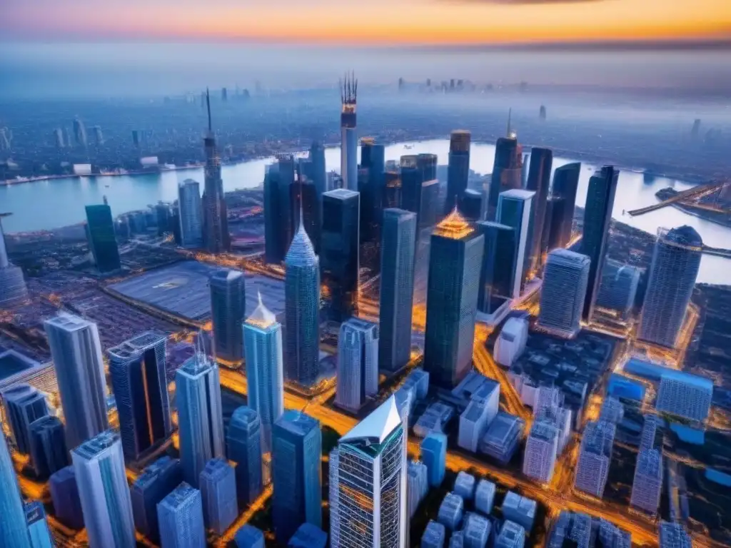 Vista aérea impresionante de una ciudad llena de rascacielos, edificios modernos y sitios en construcción, reflejando la escala y ambición de proyectos inmobiliarios