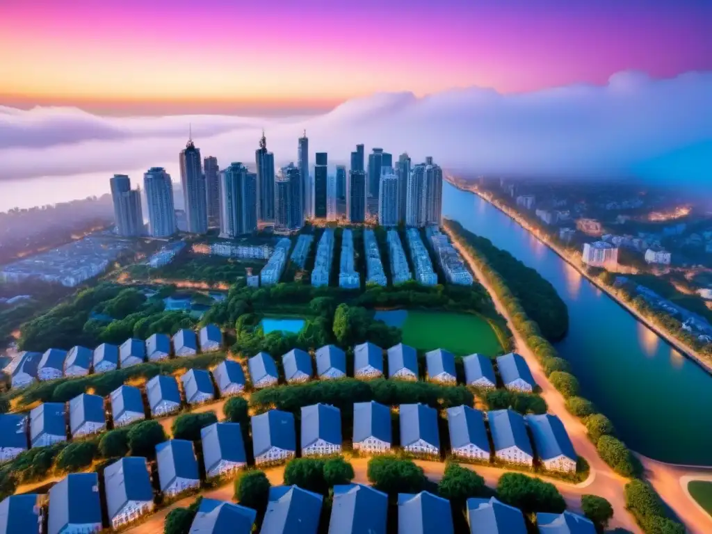 Metrópolis nocturna: luces urbanas y naturaleza Vista aérea impresionante de una ciudad al anochecer, resaltando la diversidad arquitectónica y los beneficios fiscales por ubicación inmobiliaria