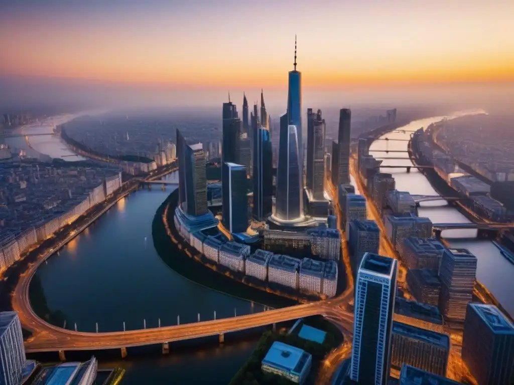 Espléndida vista aérea de una ciudad moderna al atardecer Vista aérea impresionante de una ciudad moderna al atardecer, con rascacielos relucientes, calles bulliciosas y un río serpenteando