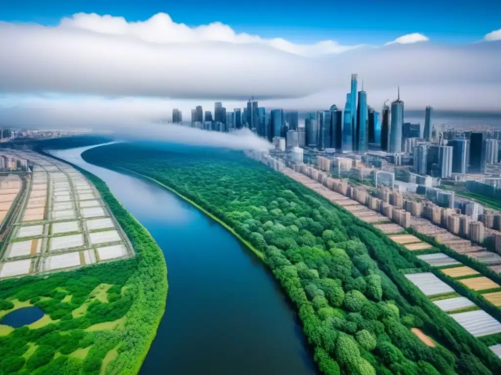 Panorámica urbana: rascacielos, parques y río bajo cielo azul Vista aérea impresionante de una ciudad bulliciosa con rascacielos modernos, parques verdes y un río, bajo un cielo azul con nubes