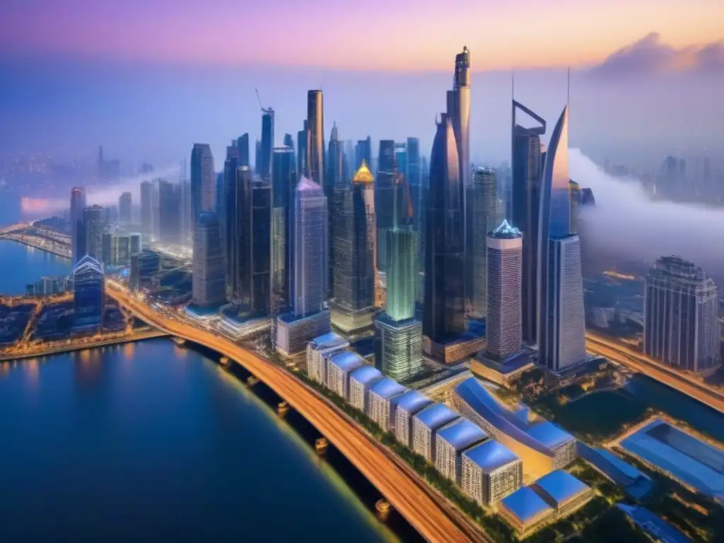 Vibrante ciudad nocturna: luces y rascacielos en crecimiento Vista aérea impresionante de una ciudad vibrante al atardecer, con rascacielos iluminados por luces de la ciudad