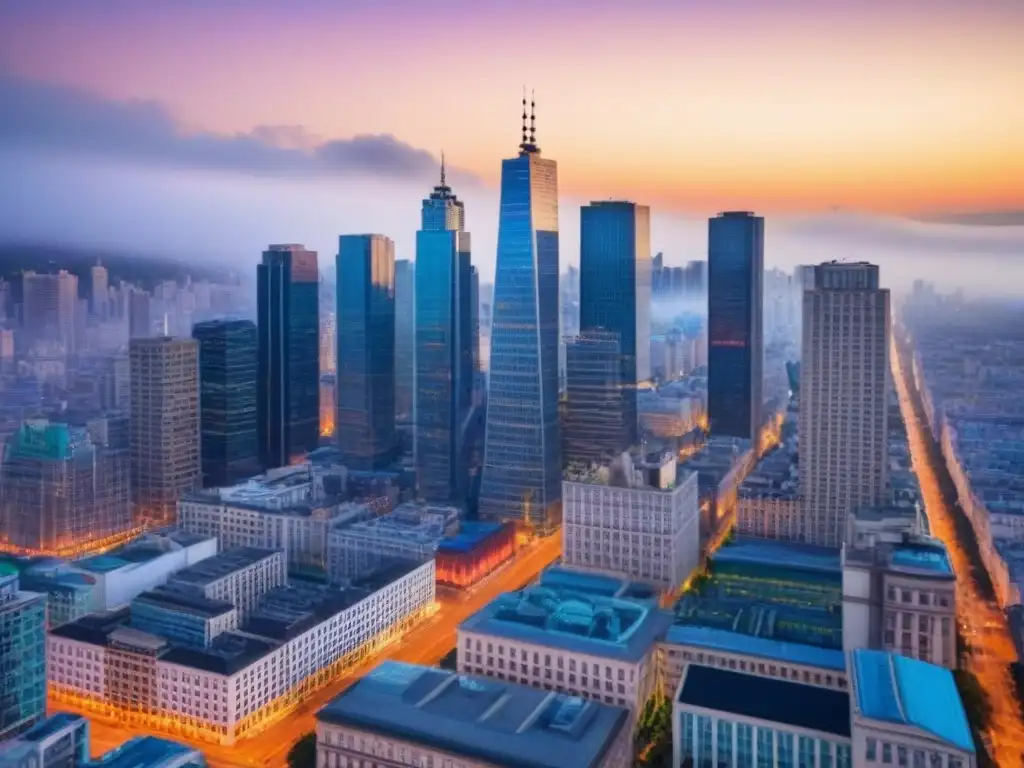 Metrópolis vibrante: luces y arquitectura en ciudad al atardecer Vista aérea impresionante de una ciudad bulliciosa al anochecer, fusionando rascacielos modernos y edificios históricos iluminados por luces cálidas