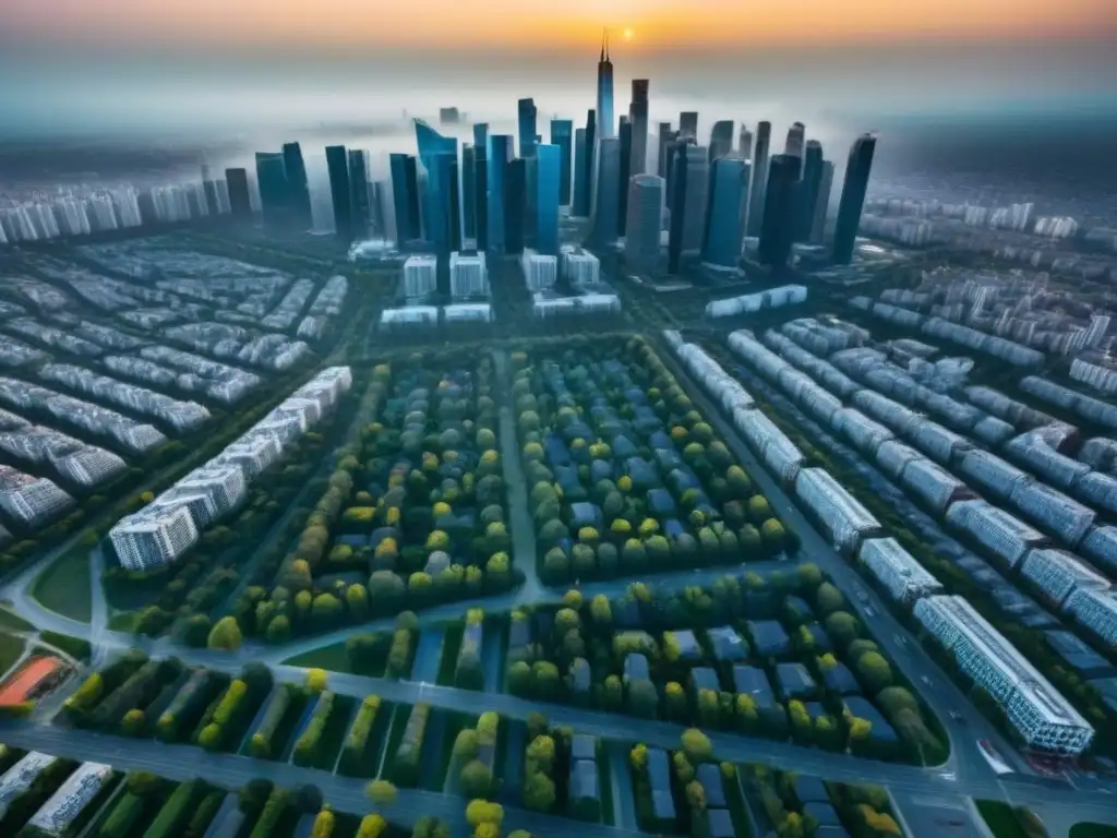 Metrópolis moderna: auge inmobiliario en la ciudad Vista aérea impresionante de ciudad moderna con rascacielos y edificios residenciales, reflejando un próspero sector inmobiliario