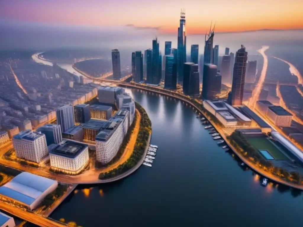 Espectacular ciudad moderna iluminada al atardecer Vista aérea impresionante de una ciudad vibrante al atardecer, con modernos rascacielos iluminados por un atardecer dorado, reflejando en fachadas de vidrio y proyectando sombras sobre un río