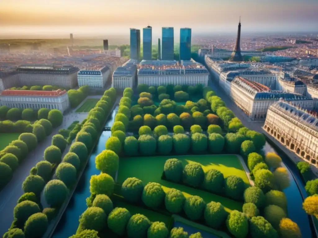 Encanto europeo: inversión inmobiliaria en una ciudad vibrante Vista aérea impresionante de una ciudad europea con rascacielos modernos, monumentos históricos y parques verdes