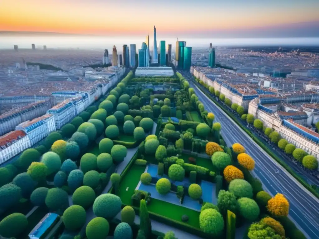 Vista aérea impactante de ciudad europea: modernidad y historia en armonía Vista aérea impresionante de una ciudad europea con edificios modernos y arquitectura histórica, calles sinuosas y parques verdes bajo cielo azul