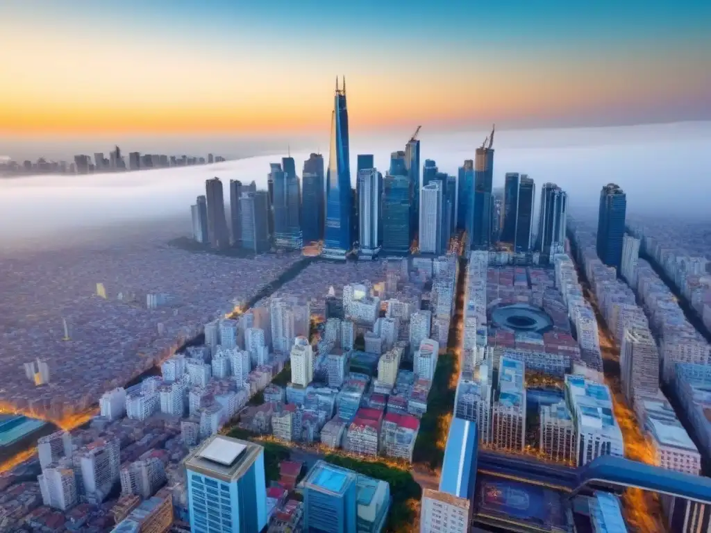 Horizonte urbano de América Latina: fusión moderna y colonial Vista aérea impresionante de ciudad latinoamericana, con rascacielos modernos y arquitectura colonial, bajo cielo azul