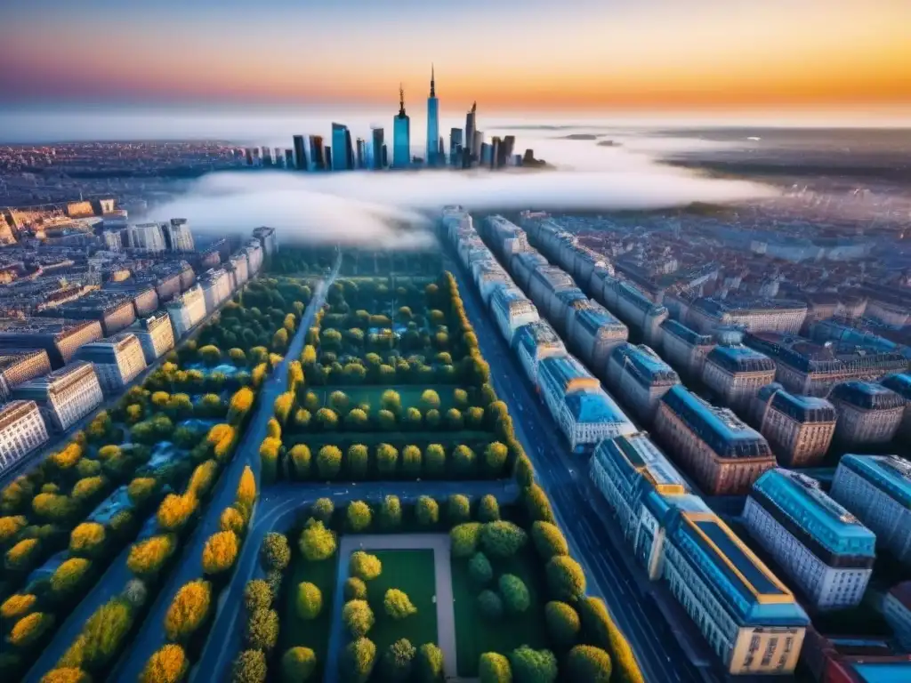 Espléndido paisaje urbano europeo al atardecer Vista aérea impresionante de una ciudad europea con rascacielos modernos y edificios históricos, bañados por la cálida luz del atardecer