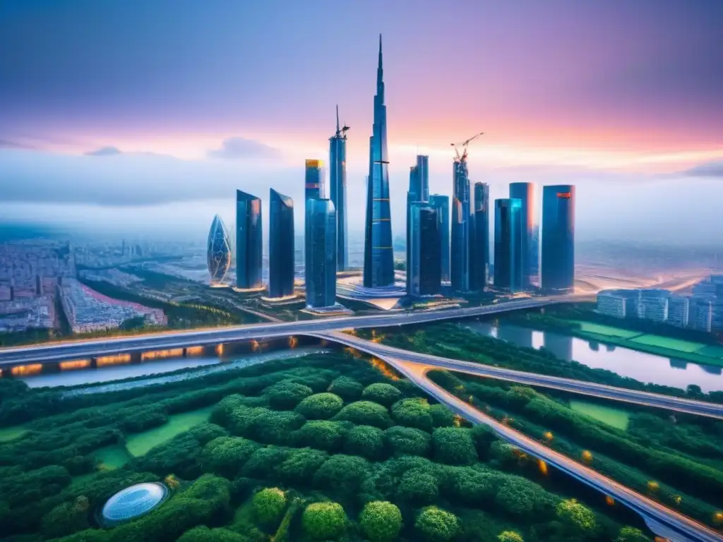 Metrópolis futurista europea: innovación y prosperidad urbana Vista aérea impresionante de una ciudad futurista en Europa, con rascacielos innovadores y vegetación exuberante, conectada por sistemas de transporte avanzados