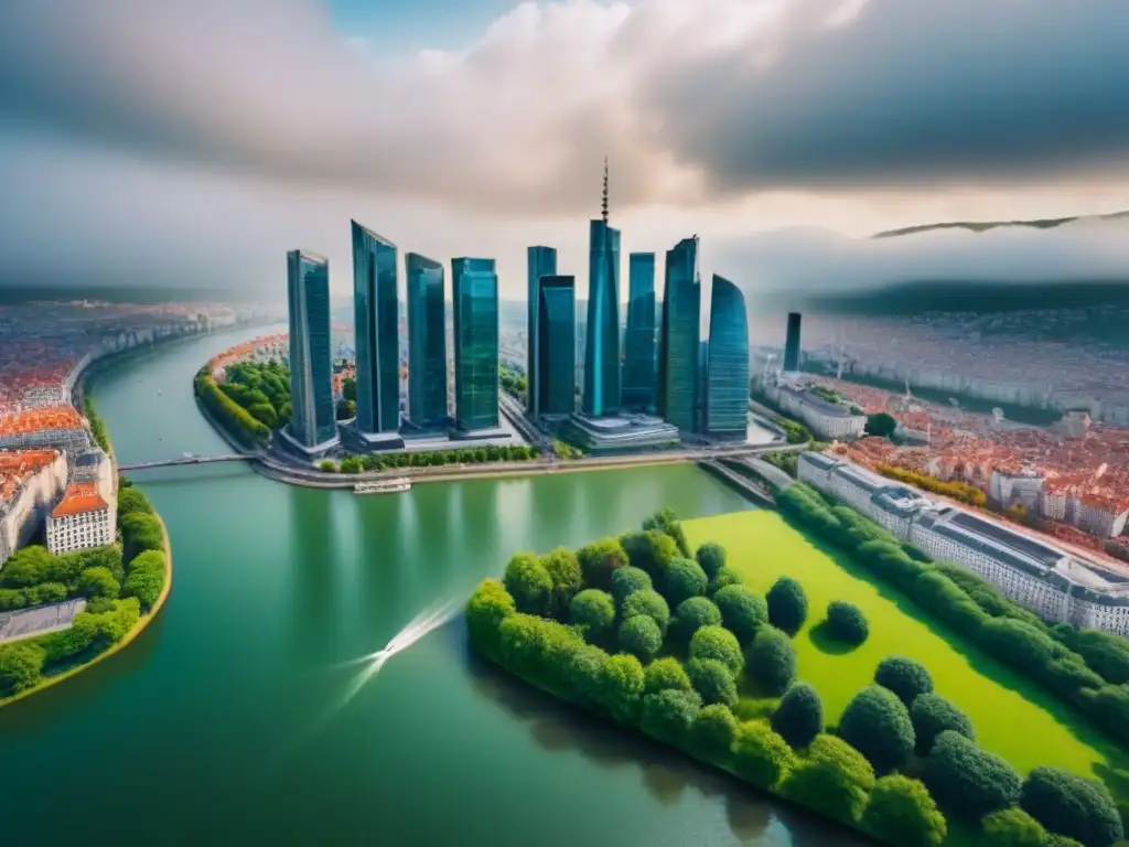 Inversión inmobiliaria en Europa: ciudad vibrante y próspera Una vista aérea impresionante de una ciudad europea vibrante con rascacielos modernos y arquitectura histórica que se mezclan perfectamente