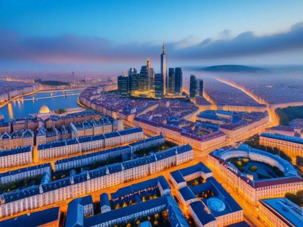 Cityscape europeo: arquitectura histórica y moderna bajo cielos azules Vista aérea impresionante de una ciudad europea vibrante con arquitectura histórica y rascacielos modernos bajo un cielo azul claro