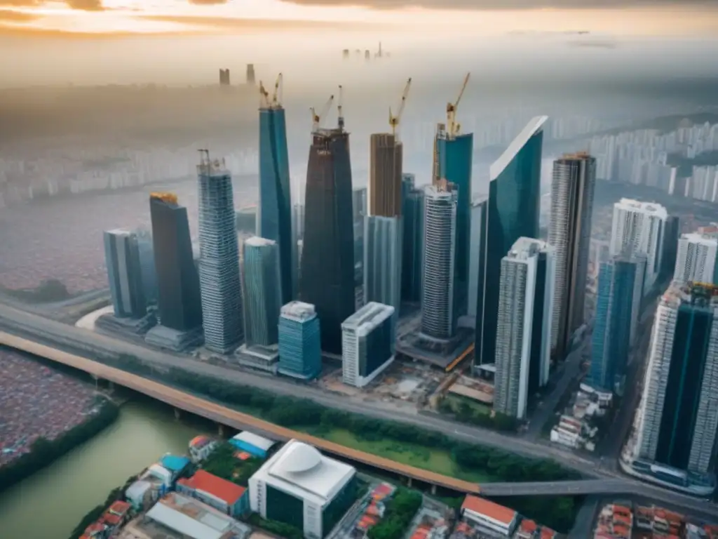 Desarrollo urbano en América Latina: Oportunidades de inversión Vista aérea impresionante de una ciudad en Latinoamérica con rascacielos en construcción, grúas y un vibrante paisaje urbano