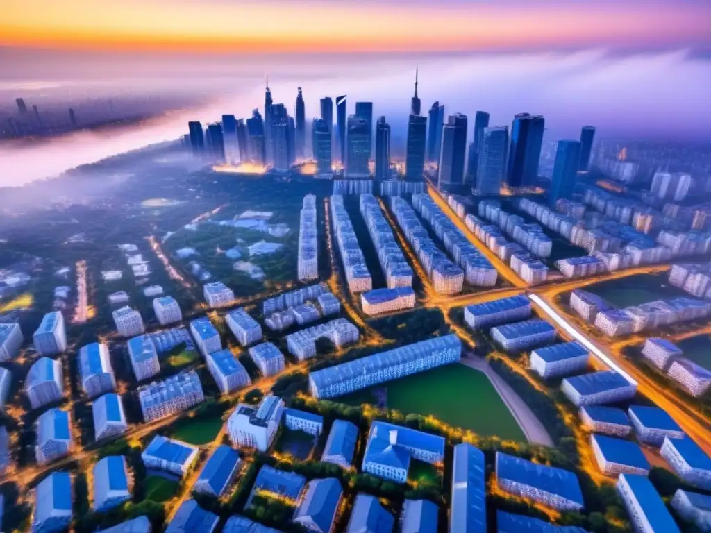 Vista panorámica: ciudad moderna y vibrante con contrastes Vista aérea impresionante de una ciudad bulliciosa, destacando la integración de rascacielos modernos, zonas residenciales y espacios verdes
