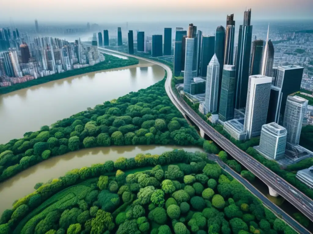 Vista aérea impresionante de ciudad moderna con rascacielos, parques verdes y río