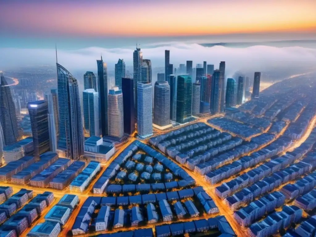 Panorama urbano: diversidad demográfica y demanda inmobiliaria en una ciudad vibrante Vista aérea impresionante de una ciudad vibrante, ilustrando la relación entre demografía y demanda de bienes raíces