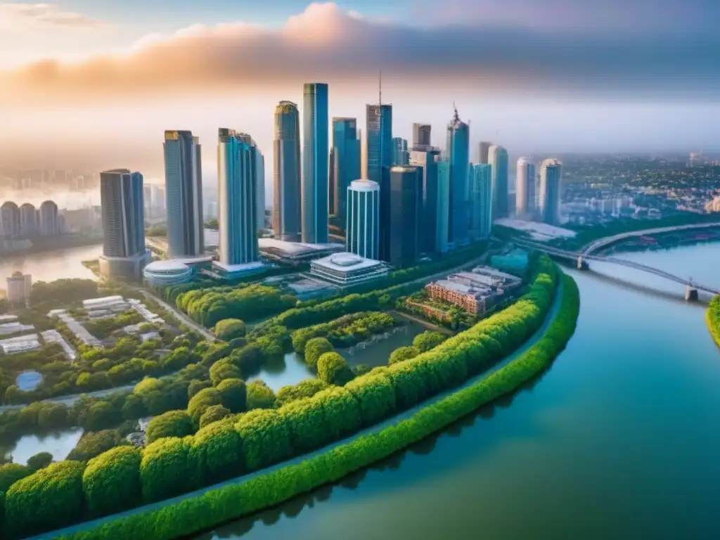 Vista aérea impresionante de ciudad diversa, mezcla de propiedades residenciales, comerciales e industriales, con rascacielos modernos junto a edificios históricos, en un entorno de parques verdes y un animado frente Vista aérea impresionante de una ciudad diversa con rascacielos modernos junto a edificios históricos, parques verdes y un puerto activo