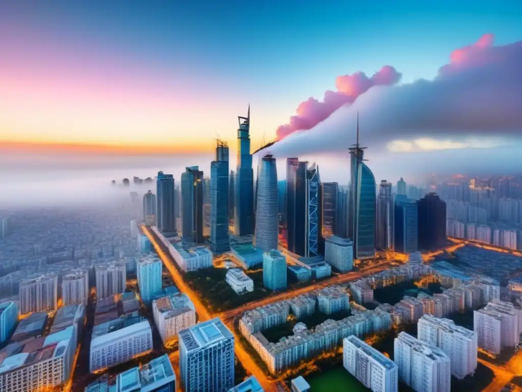 Metrópolis emergente: modernidad y tradición en mercados inmobiliarios Vista aérea impresionante de una ciudad vibrante en un mercado emergente, con rascacielos modernos y edificios tradicionales