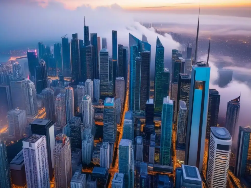 Oportunidades de inversión: Ciudad vibrante con rascacielos Una vista aérea impresionante de una ciudad bulliciosa llena de rascacielos, reflejando un próspero mercado inmobiliario emergente