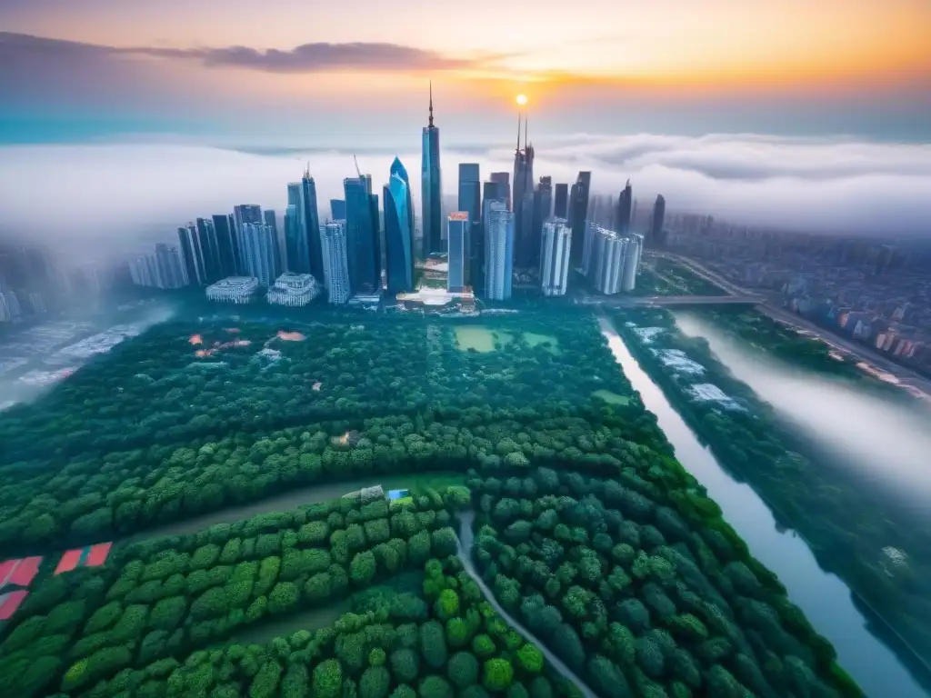 Horizonte urbano emergente: mezcla de modernidad y tradición Vista aérea impresionante de una ciudad en mercado emergente, destacando modernidad y tradición entre vegetación exuberante