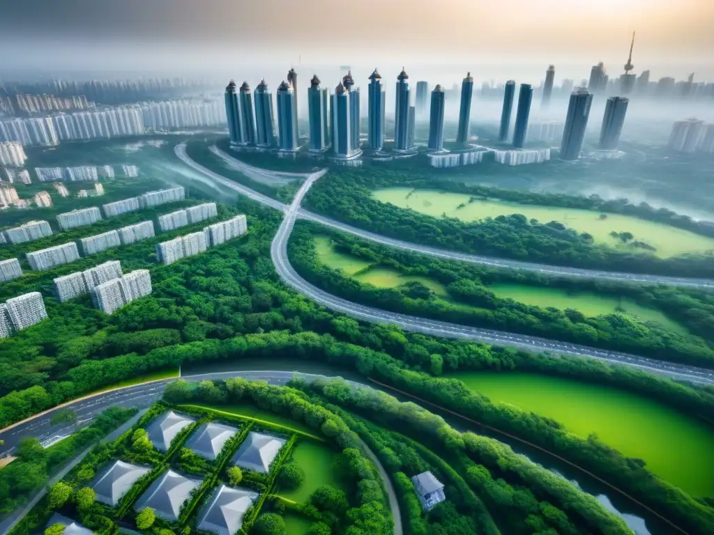 Armonía urbana y naturaleza: ciudad moderna en equilibrio Vista aérea impresionante de ciudad moderna con urbanismo ordenado y espacios verdes, reflejando armonía entre desarrollo urbano y naturaleza gracias a políticas vivienda gobierno rendimiento inversión