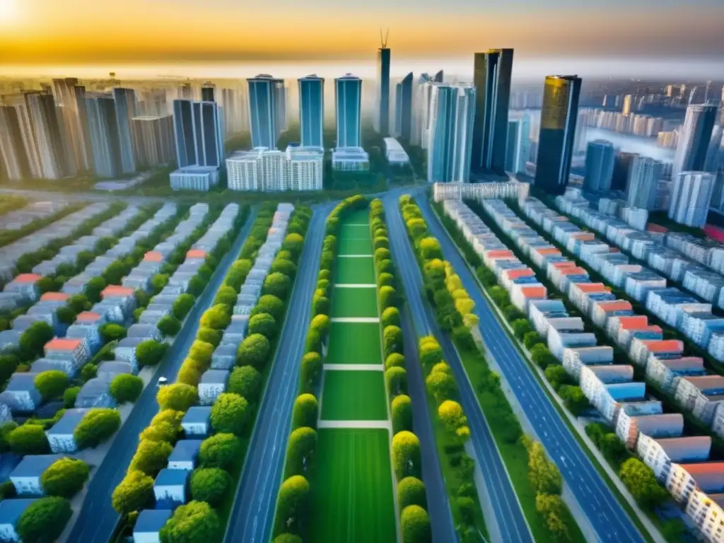 Metrópolis vibrante: armonía urbana y naturaleza en perfecta fusión Vista aérea impresionante de una ciudad con rascacielos modernos y áreas verdes, mostrando la arquitectura urbana y la naturaleza en armonía