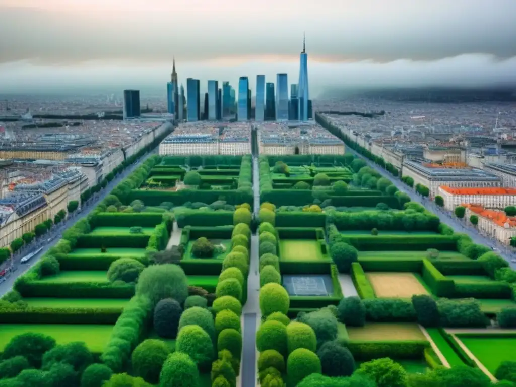Contraste arquitectónico: ciudad europea entre historia y modernidad Vista aérea impresionante de una ciudad europea, muestra arquitectura histórica y rascacielos modernos, con parques verdes vibrantes