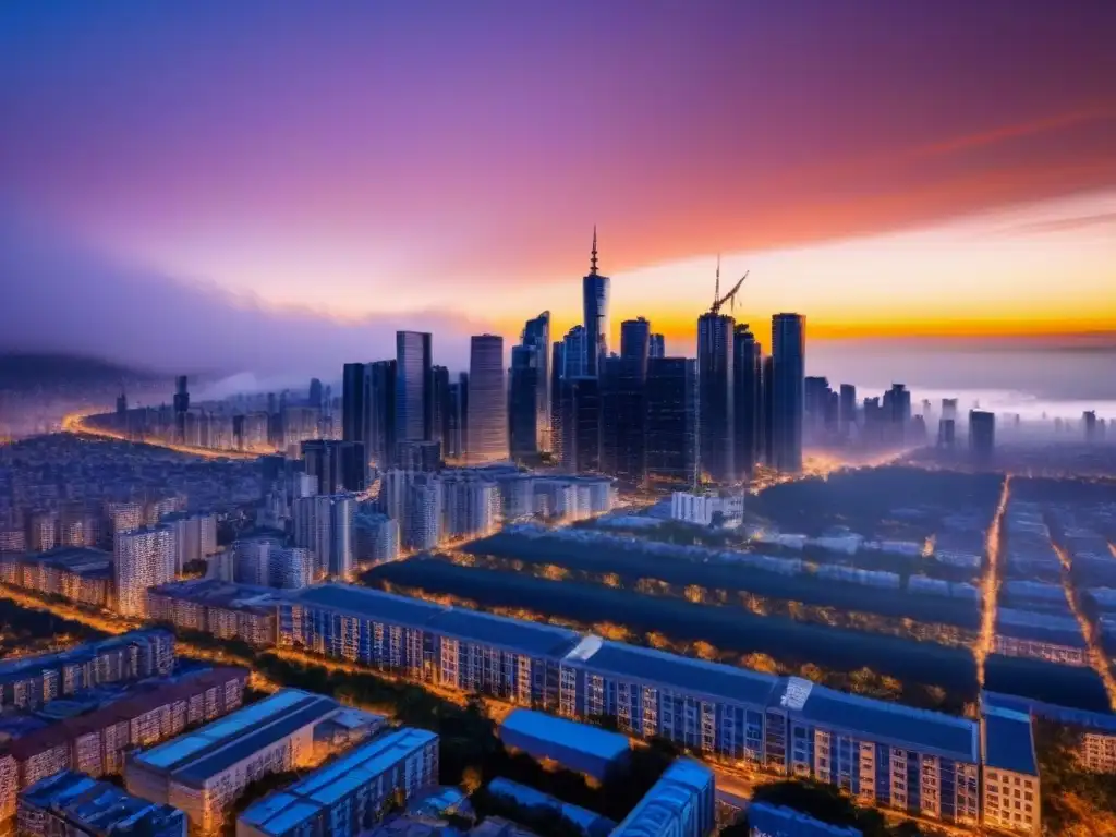Vista aérea impresionante de ciudad al atardecer Vista aérea impresionante de una ciudad bulliciosa al atardecer con rascacielos modernos y edificaciones residenciales elegantes iluminadas por el sol