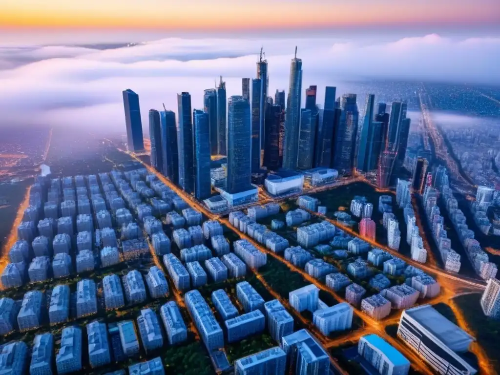 Metrópolis vibrante: la evolución urbana en la arquitectura contemporánea Vista aérea impresionante de una ciudad moderna con rascacielos y diseño arquitectónico contemporáneo