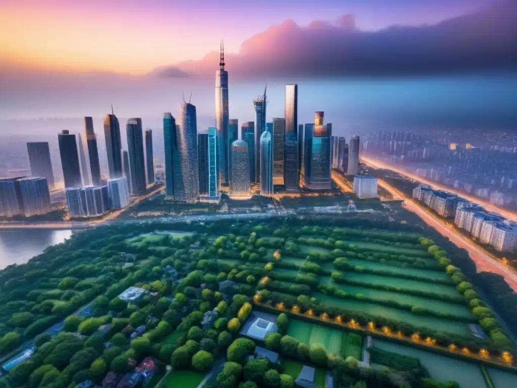 Metrópolis global: inversión inmobiliaria internacional en acción Vista aérea impresionante de una ciudad con rascacielos y vecindarios vibrantes, ideal para financiamiento inmobiliario en mercados extranjeros