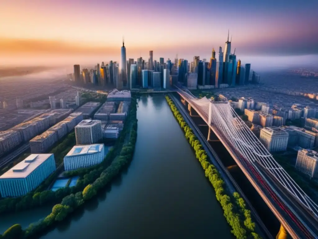 Inversión inmobiliaria global: ciudades en crecimiento al atardecer Una vista aérea impresionante de una ciudad bulliciosa, con rascacielos modernos junto a edificios históricos, bañados por la cálida luz del atardecer