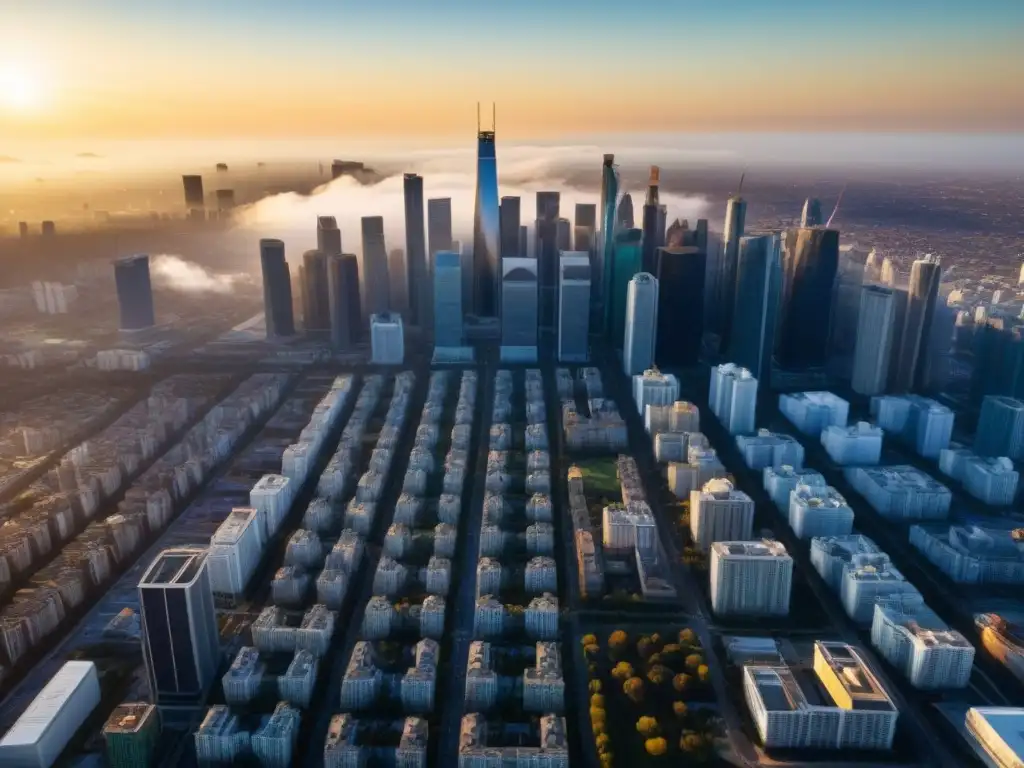 Inversión inmobiliaria: metrópolis vibrante y rentable Vista aérea impresionante de una ciudad vibrante con rascacielos modernos y edificios de lujo, resaltando las ventajas del crowdfunding inmobiliario de alto rendimiento