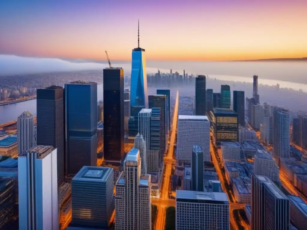 Oportunidades de inversión: ciudad moderna al atardecer Vista aérea impresionante de una ciudad vibrante al atardecer, con rascacielos modernos y arquitectura histórica iluminados por luces vibrantes