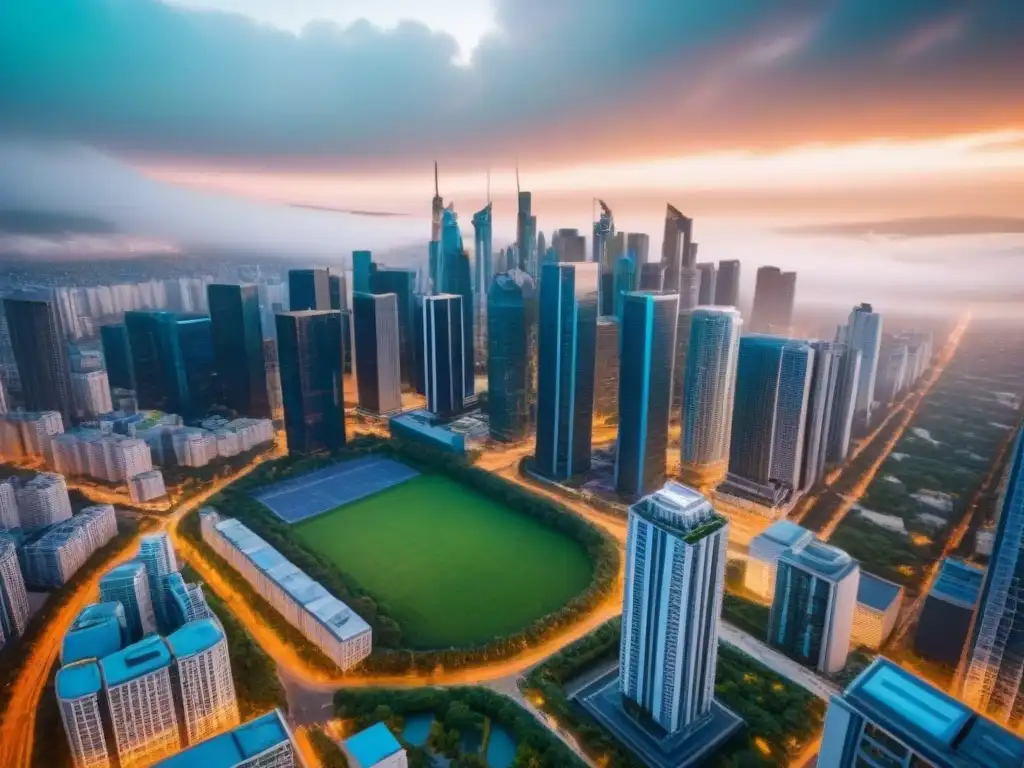 Vista aérea impactante de ciudad moderna: rascacielos, parques y bullicio Vista aérea impresionante de una ciudad vibrante con rascacielos modernos, parques verdes y calles llenas de gente y coches