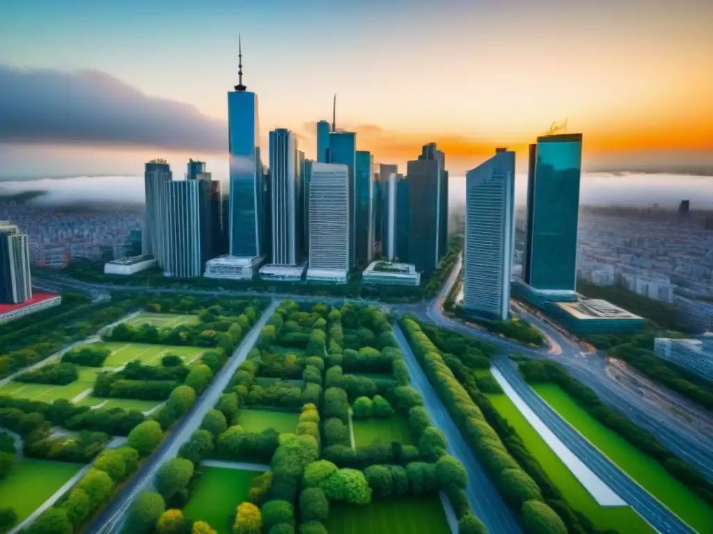 Metrópolis vibrante: inversión inmobiliaria en ciudad moderna Vista aérea impresionante de una ciudad bulliciosa con rascacielos modernos, calles vibrantes y parques verdes, reflejando el entorno dinámico de la inversión inmobiliaria en una ciudad próspera