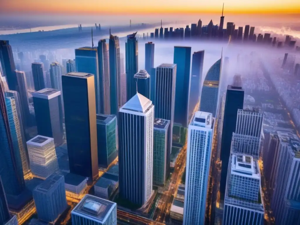 Inversiones inmobiliarias: ciudad moderna y próspera Vista aérea impresionante de una ciudad bulliciosa con rascacielos, reflejando estabilidad y seguridad jurídica en inversiones inmobiliarias