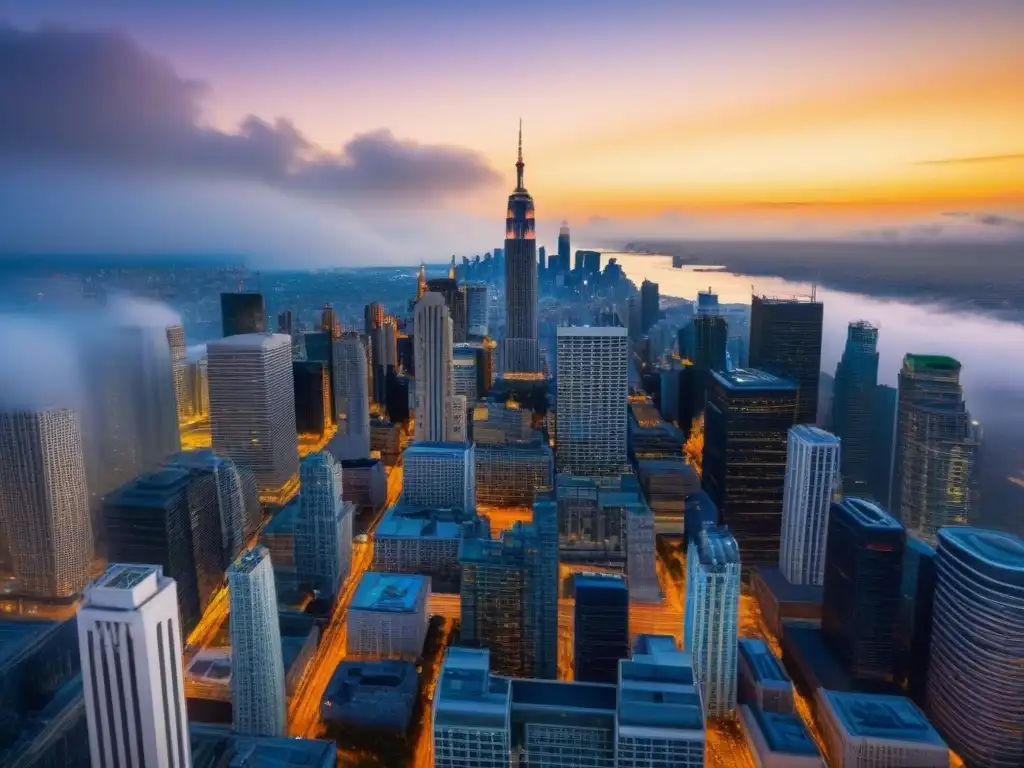 Vista aérea impresionante de una ciudad moderna con rascacielos, reflejando inversión inmobiliaria vibrante