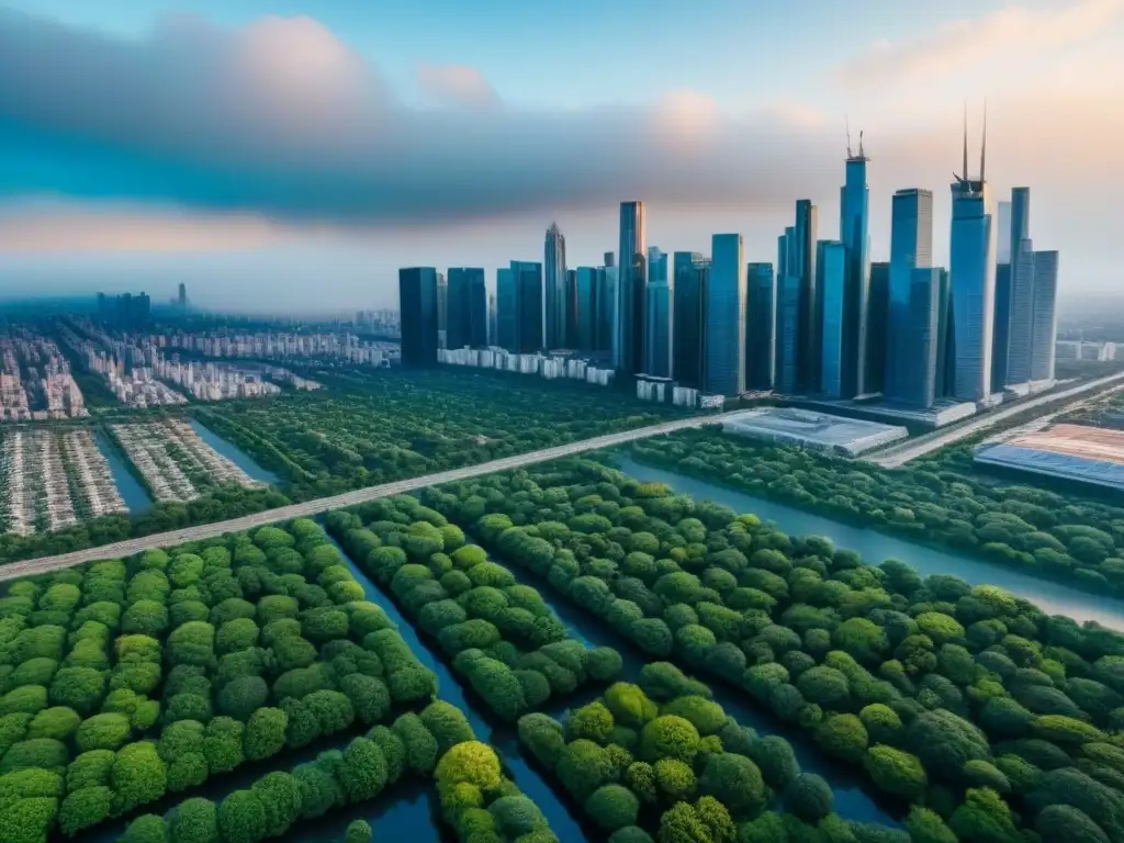 Armonía urbana y natural: ciudad moderna y parques verdes Vista aérea impresionante de ciudad moderna y naturaleza, destacando armonía