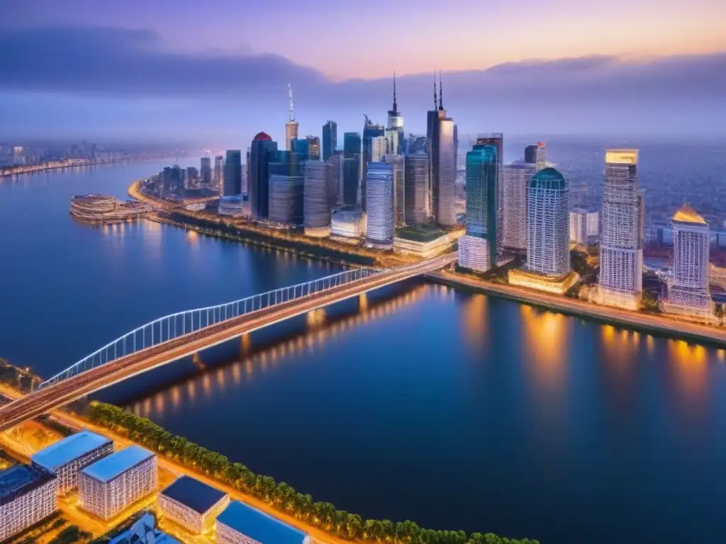 Vibrante ciudad al anochecer: luces y río Vista aérea impresionante de una ciudad vibrante al anochecer, con rascacielos modernos iluminados y un río sereno