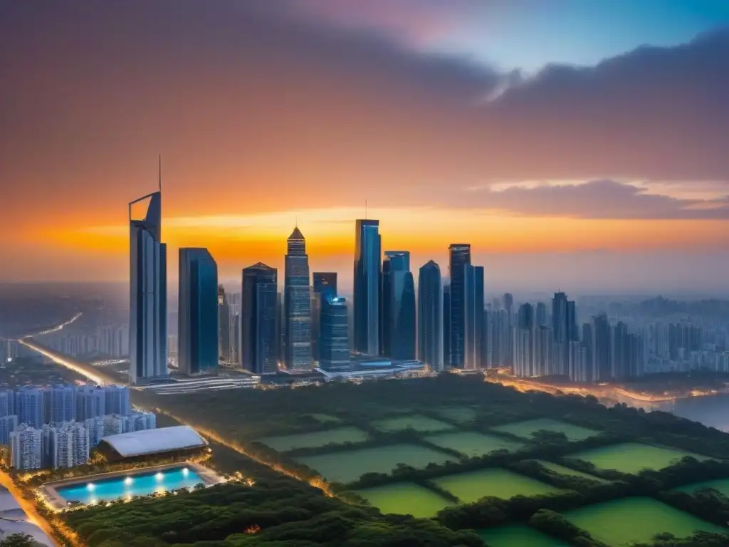 Horizonte urbano en crecimiento: oportunidades inmobiliarias al atardecer Vista aérea impresionante de la ciudad con rascacielos modernos en un atardecer vibrante, rodeada de vegetación
