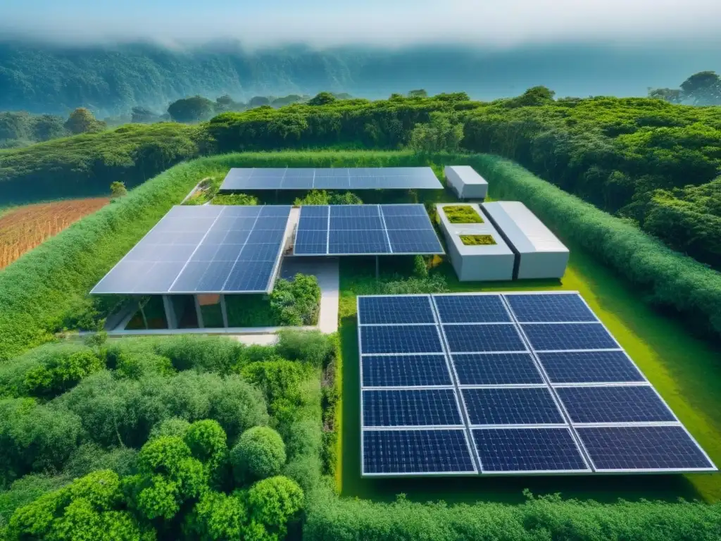 Arquitectura sostenible: innovación ecoamigable en entorno natural Vista aérea impresionante de construcción sostenible con edificio ecofriendly rodeado de vegetación y paneles solares