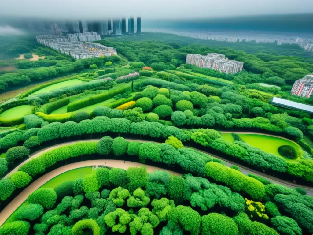Metrópolis verde: la armonía entre ciudad y naturaleza Vista aérea impresionante: desarrollo urbano y espacios verdes se fusionan, mostrando beneficios de la coexistencia en la ciudad