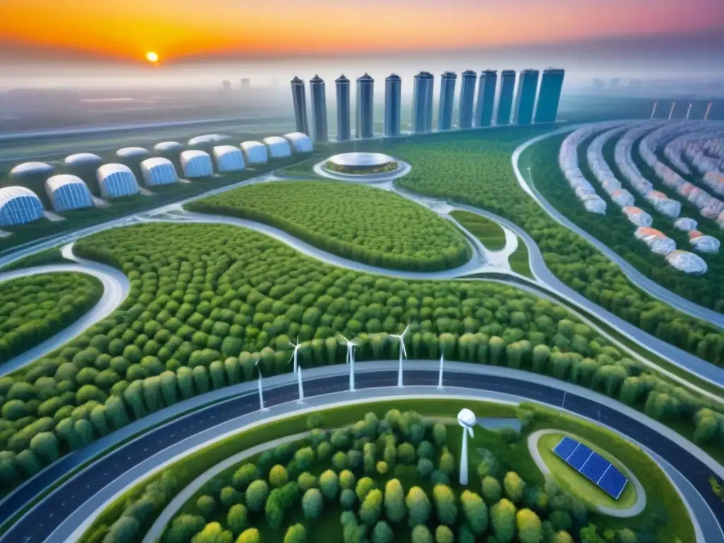 Desarrollo urbano sostenible: la ciudad del futuro Vista aérea impresionante de desarrollo urbano sostenible con paneles solares, turbinas eólicas y bicisendas, en armonía con la naturaleza