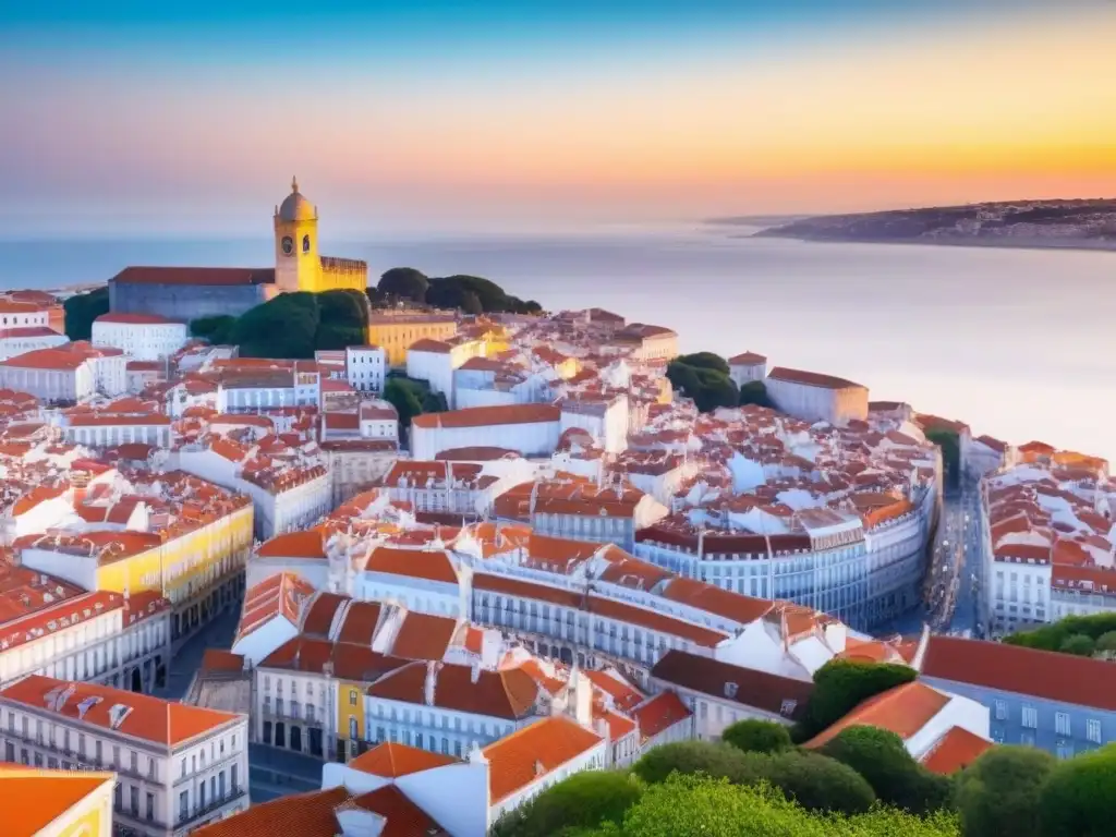 Vista aérea impresionante de Lisboa, Portugal, con sus edificios icónicos y el río Tajo al fondo