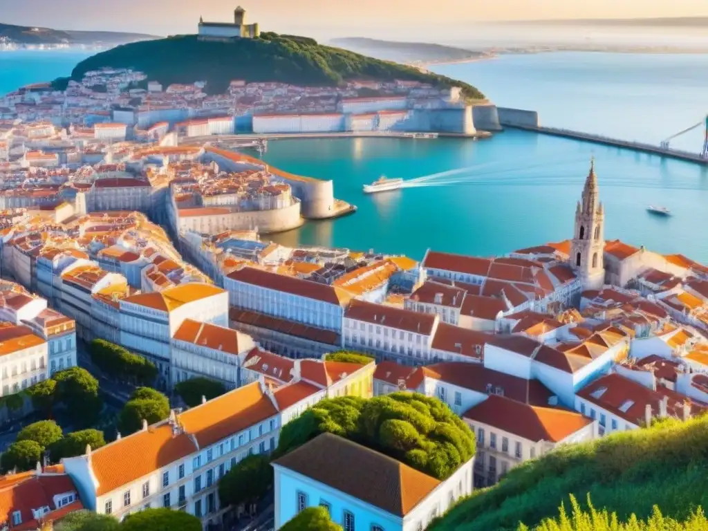 Vista aérea impresionante de Lisboa, Portugal, con edificios coloridos en colinas junto al río Tajo