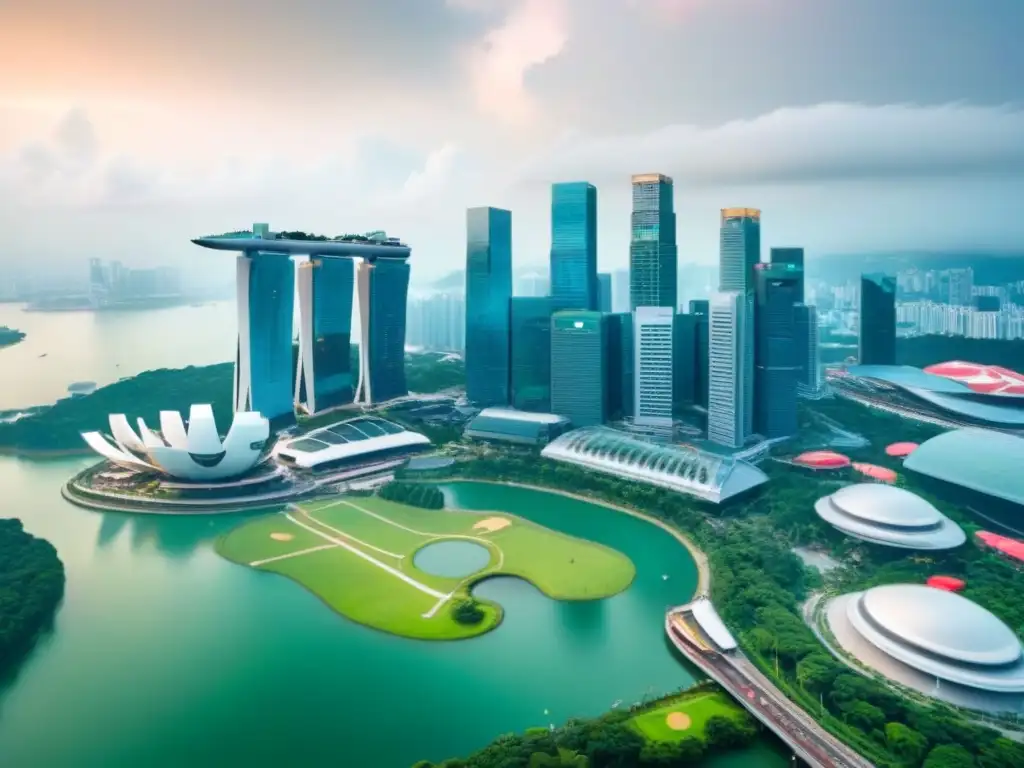 Skyline de Singapur: Mezcla de modernidad y naturaleza Vista aérea impresionante del horizonte icónico de Singapur, resaltando la fusión de rascacielos ultramodernos y espacios verdes