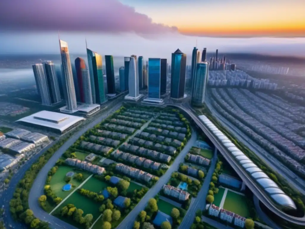 Panorama urbano: evolución dinámica del mercado inmobiliario regional Vista aérea impresionante de la transformación paisaje inmobiliario regional con rascacielos modernos, espacios verdes y bulliciosas calles
