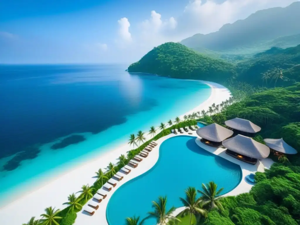 Paraíso tropical: resort de lujo entre playas blancas y aguas turquesas Una vista aérea impresionante de un lujoso resort entre playas de arena blanca y aguas turquesas, rodeado de palmeras verdes bajo un cielo azul