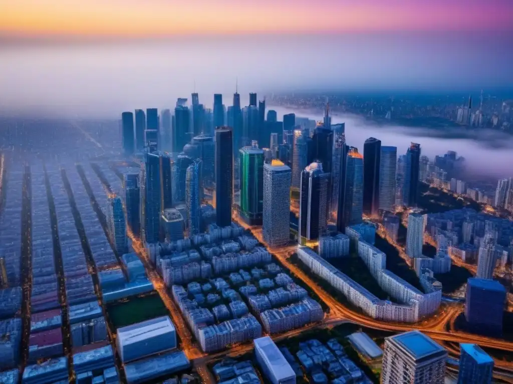 Metrópolis moderna: auge inmobiliario en la vibrante ciudad Vista aérea impresionante de una metrópolis vibrante con rascacielos modernos, simbolizando la reestructuración de portafolios inmobiliarios